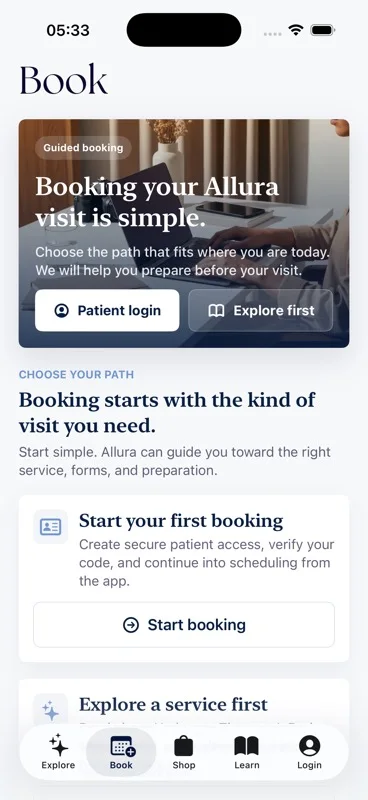 Allura Health And Wellness guided booking screen