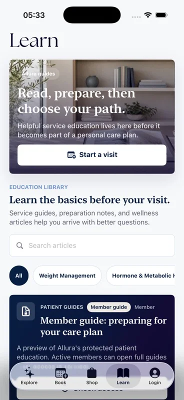Allura Health And Wellness education screen