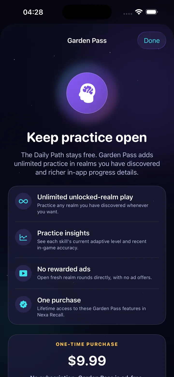 Nexa Recall Garden Pass lifetime purchase screen
