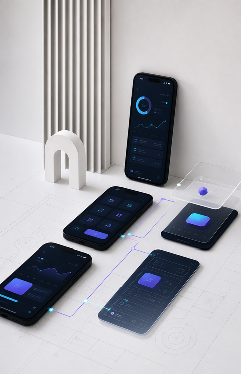 Editorial mobile app product interfaces arranged like architectural plans